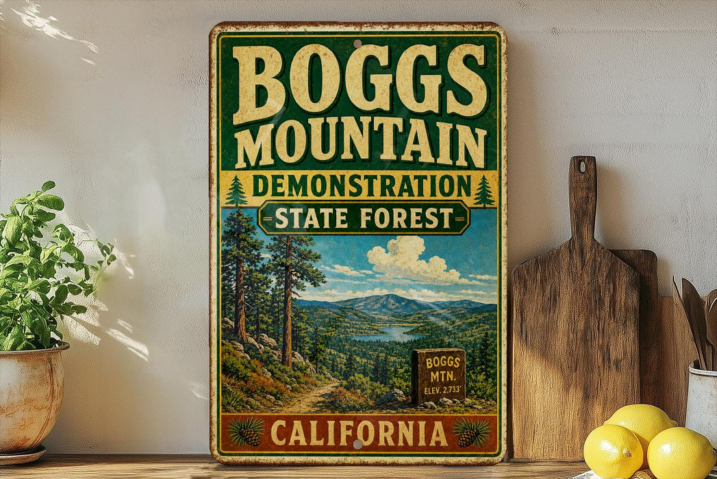 A vintage metal sign for Boggs Mountain, a demonstration state forest in California, featuring a scenic landscape with pine trees and mountains.
