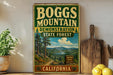 A vintage metal sign for Boggs Mountain, a demonstration state forest in California, featuring a scenic landscape with pine trees and mountains.