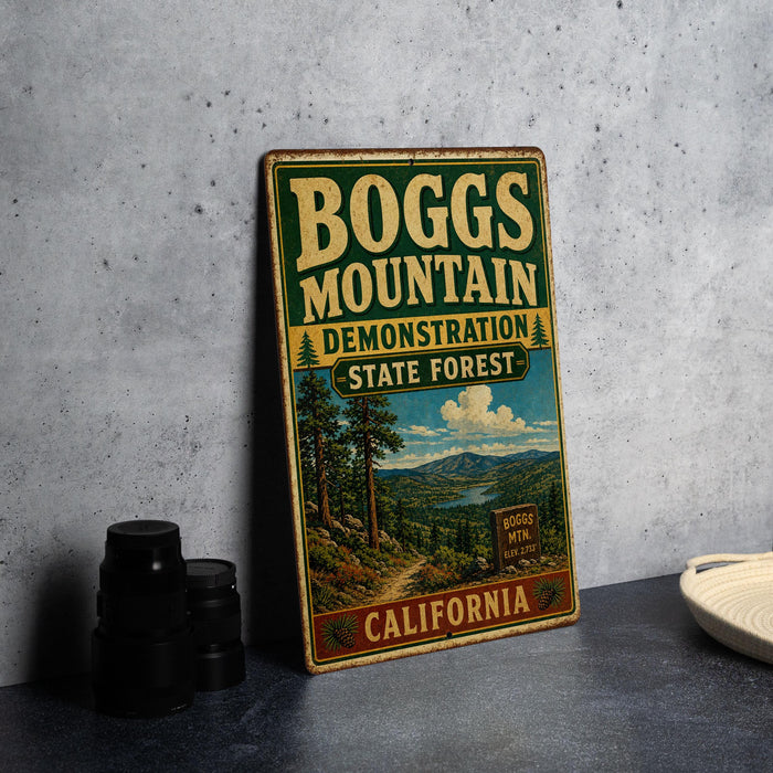 A vintage metal sign for Boggs Mountain, a demonstration state forest in California, featuring a scenic landscape with a mountain, trees, and a lake.