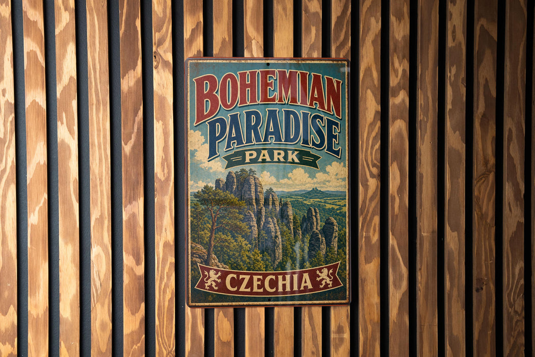 A vintage-style sign for Bohemian Paradise Park in Czechia, featuring a scenic landscape with mountains and trees.