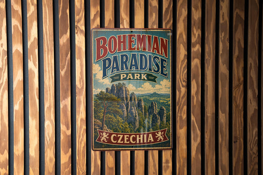 A vintage-style sign for Bohemian Paradise Park in Czechia, featuring a scenic landscape with mountains and trees.