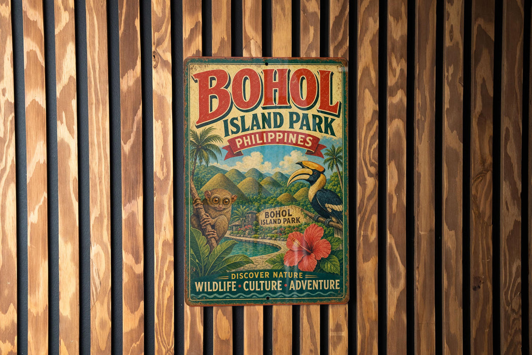 A vintage-style metal sign for BOHOL ISLAND PARK, Philippines, featuring a tropical landscape with palm trees, mountains, and a bird.