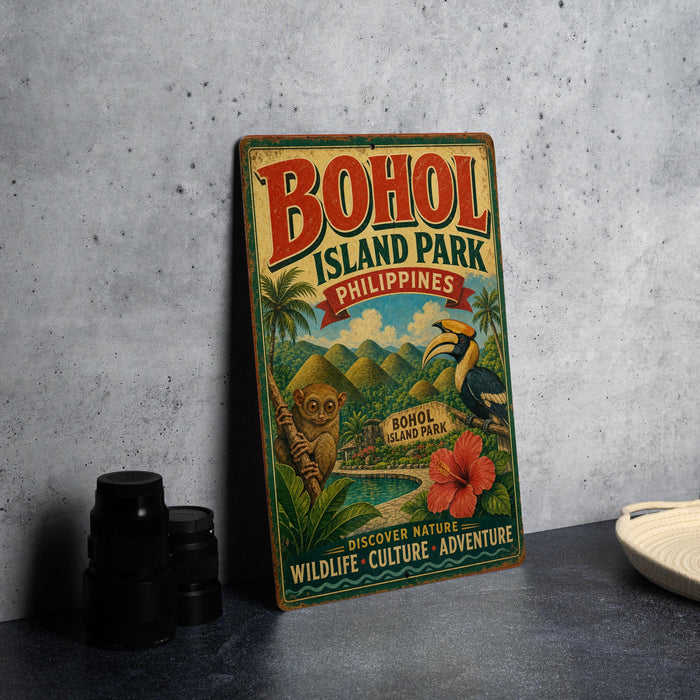 A vintage-style metal sign for BOHOL ISLAND PARK, Philippines, featuring an illustration of a tropical landscape with a bird, palm tree, and hibiscus flower.