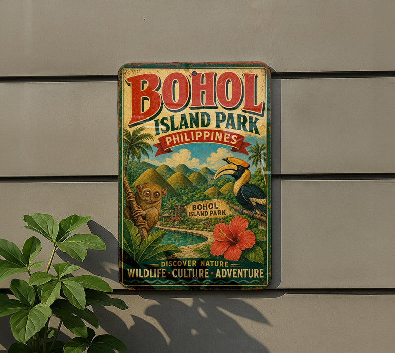 A vintage-style metal sign for BOHOL ISLAND PARK, Philippines, featuring a tropical landscape with a bird, palm trees, and a red flower.