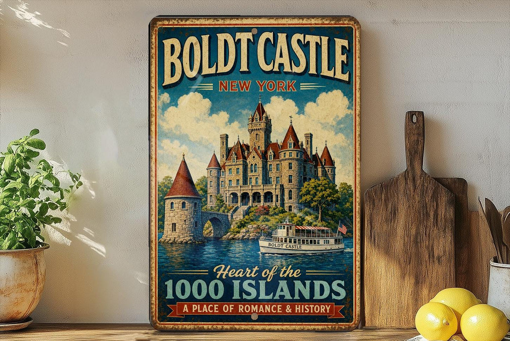 A vintage-style metal sign for the Boldt Castle in New York, featuring a castle and a boat on a body of water.