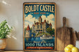 A vintage-style metal sign for the Boldt Castle in New York, featuring a castle and a boat on a body of water.