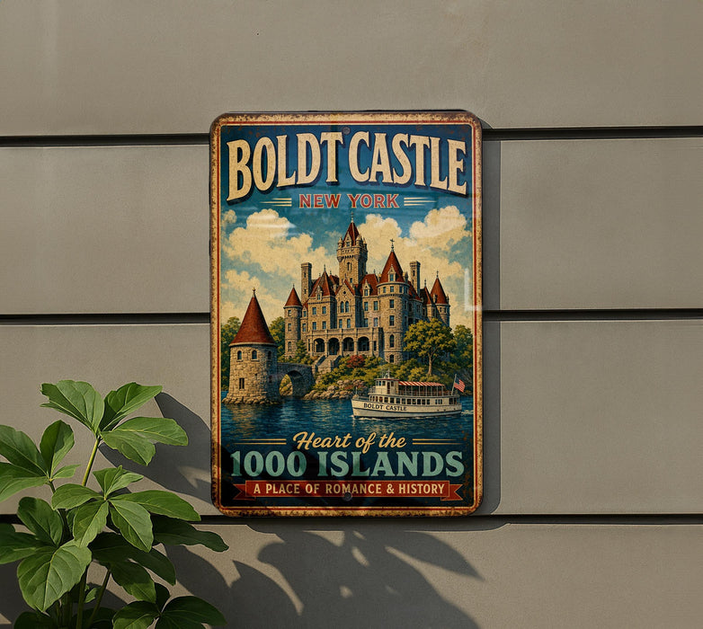 A vintage metal sign for the Boldt Castle in New York, featuring a castle and a boat on a body of water.
