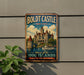 A vintage metal sign for the Boldt Castle in New York, featuring a castle and a boat on a body of water.