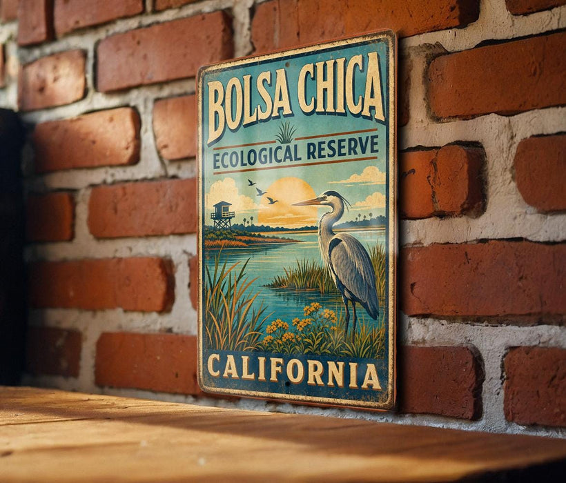 A vintage-style metal sign for the Bolsa Chica Ecological Reserve in California, featuring an illustration of a bird and a serene landscape.