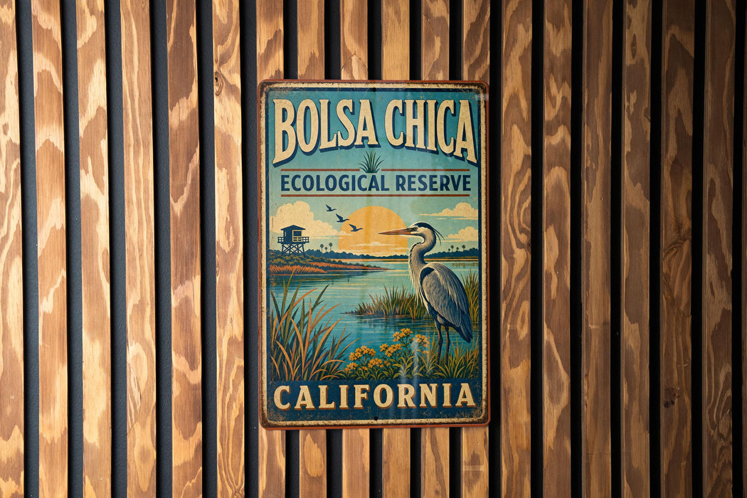 A vintage metal sign with the text "BOLSA CHICA ECOLOGICAL RESERVE CALIFORNIA" is displayed on a wooden wall.