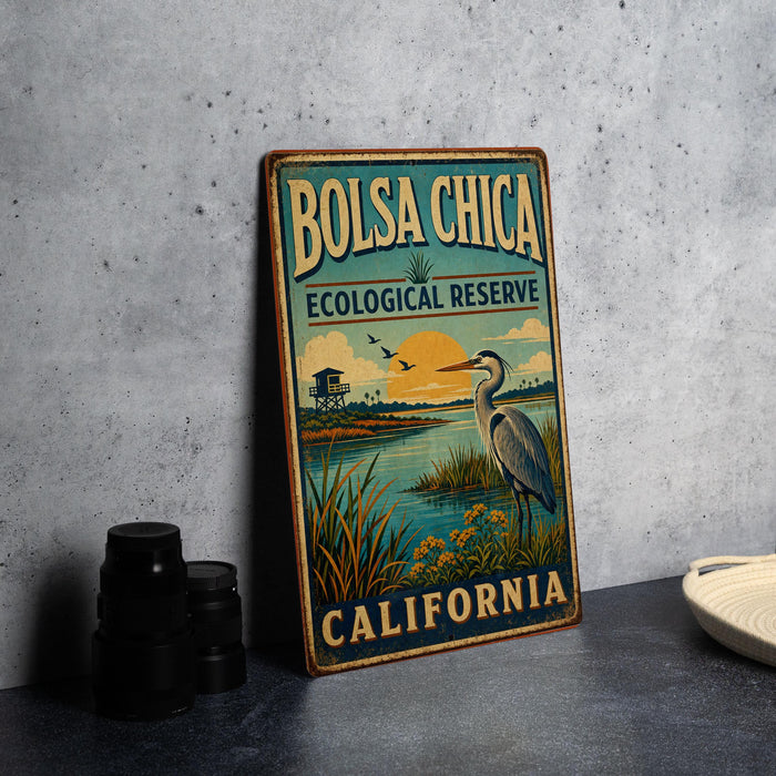 A vintage-style metal sign for the Bolsa Chica Ecological Reserve in California, featuring an illustration of a bird and a scenic landscape.