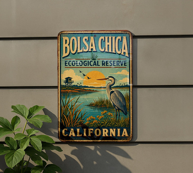A vintage-style metal sign for the Bolsa Chica Ecological Reserve in California, featuring a bird and a sunset landscape.