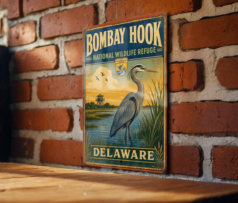 A vintage-style metal sign for the Bombay Hook National Wildlife Refuge in Delaware, featuring a large blue heron standing on a grassy bank with a brick wall in the background.