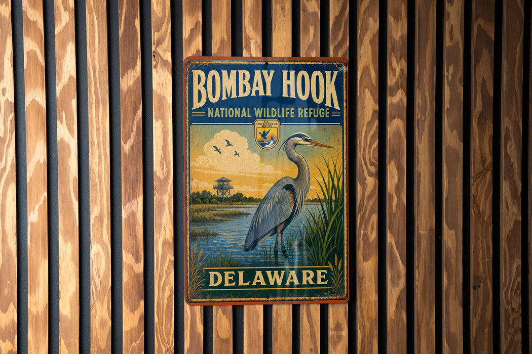 A vintage metal sign for the Bombay Hook National Wildlife Refuge in Delaware, featuring a blue heron and a serene landscape.