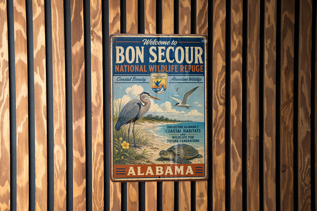 a vintage metal sign with a coastal theme, hanging on a wooden wall.