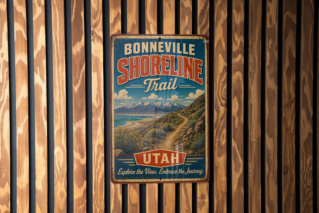 A vintage metal sign for the Bonneville Shoreline Trail in Utah, featuring a scenic mountain landscape and a winding trail.