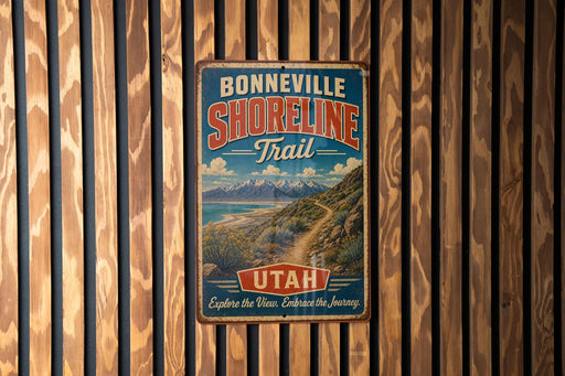 A vintage metal sign for the Bonneville Shoreline Trail in Utah, featuring a scenic mountain landscape and a winding trail.