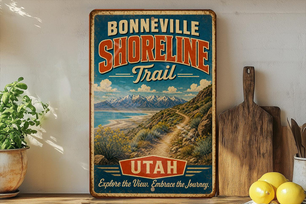 A vintage-style sign for the Bonneville Shoreline Trail in Utah, featuring a scenic mountain landscape and a path leading through the mountains.