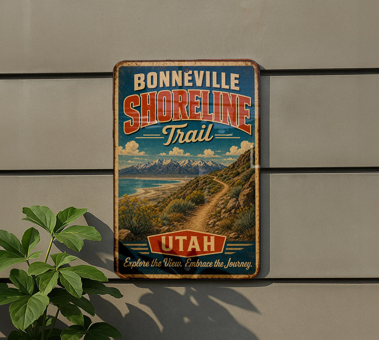A vintage-style metal sign for the Bonneville Shoreline Trail in Utah, featuring a scenic mountain landscape and a trail leading through the area.