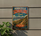 A vintage-style metal sign for the Bonneville Shoreline Trail in Utah, featuring a scenic mountain landscape and a trail leading through the area.