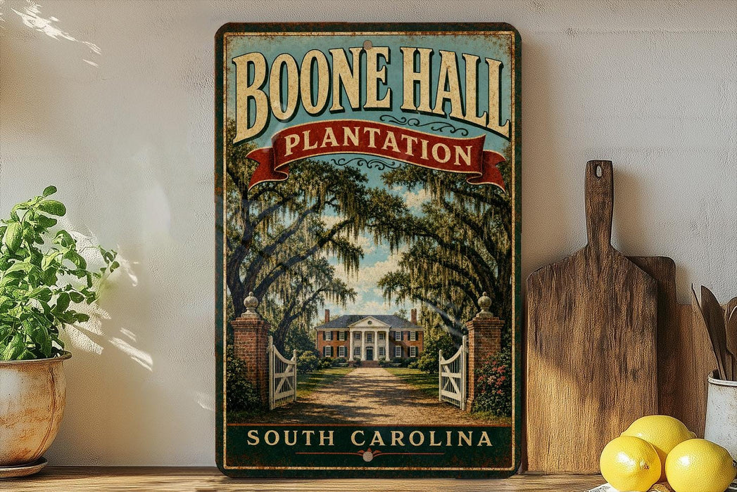 A vintage-style sign for Boone Hall Plantation in South Carolina, featuring a large illustration of the plantation's entrance with a path leading to a house.