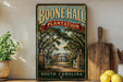 A vintage-style sign for Boone Hall Plantation in South Carolina, featuring a large illustration of the plantation's entrance with a path leading to a house.