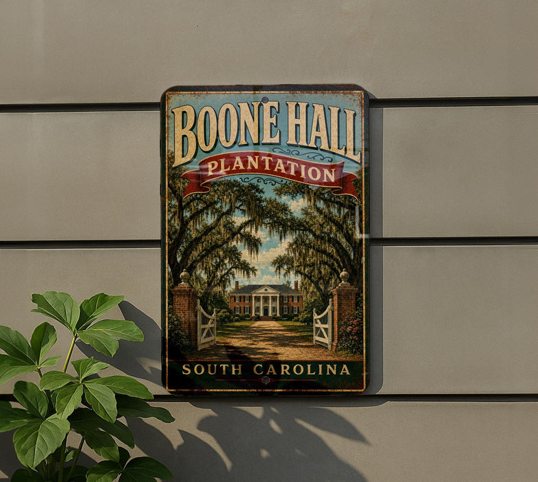A vintage-style sign for Boone Hall Plantation in South Carolina, featuring a tropical scene with palm trees and a building.