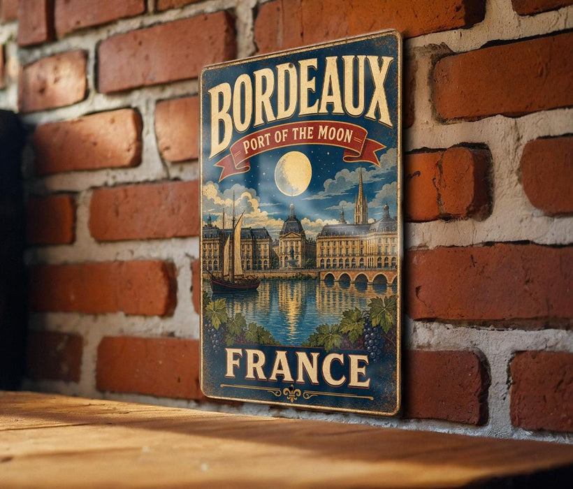 A vintage metal sign with the text "Bordeaux Port of the Moon" and "France" is displayed on a brick wall.