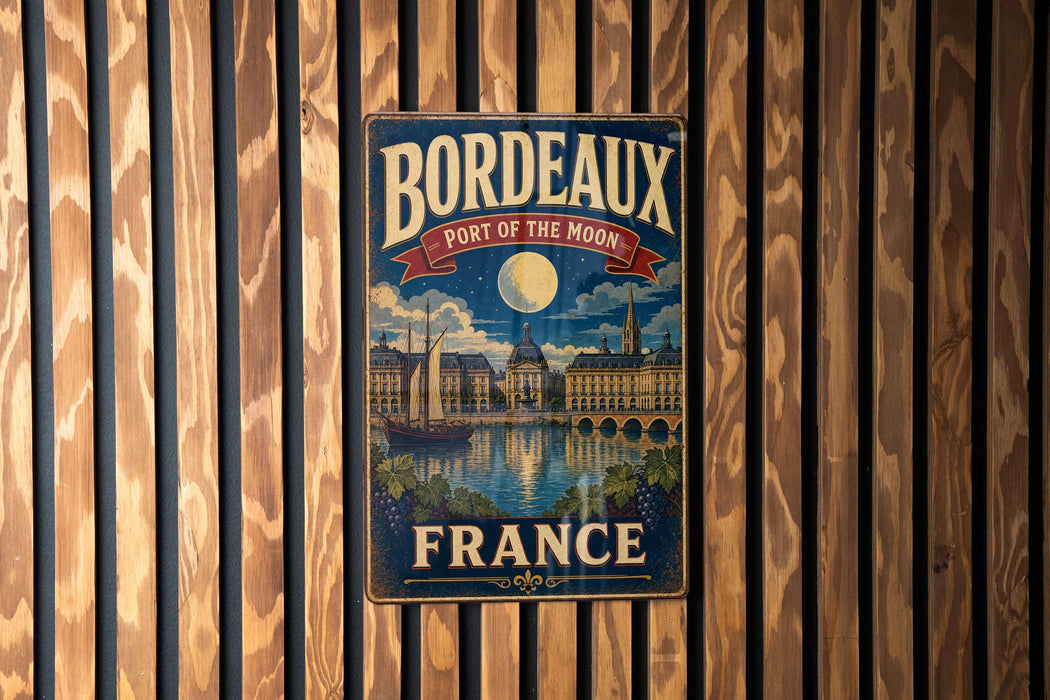 A vintage metal sign for the Bordeaux Port of the Moon in France, featuring a night scene with a full moon, boats, and buildings.