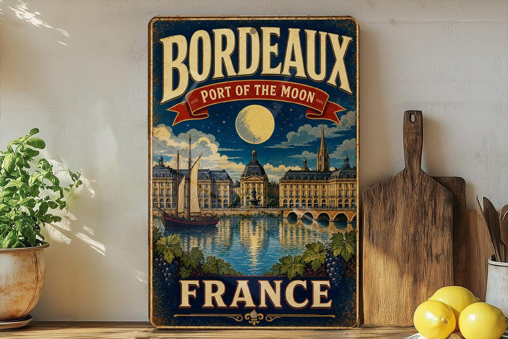 A vintage-style sign for Bordeaux, France, featuring a cityscape with a moon and a boat, along with the text "BORDEAUX PORT OF THE MOON FRANCE".