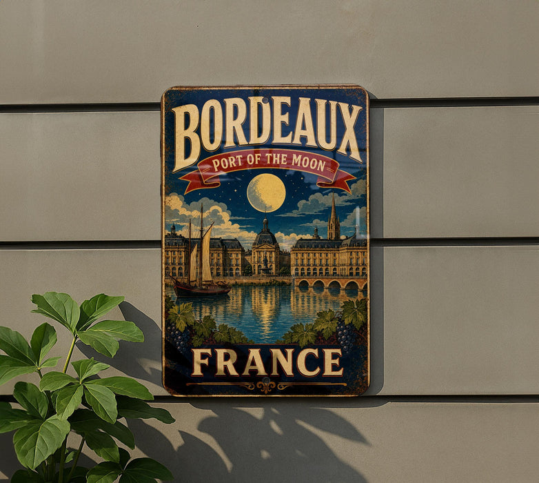 A vintage metal sign with the text "Bordeaux Port of the Moon" and "FRANCE" is displayed on a wall, with a plant to the left.