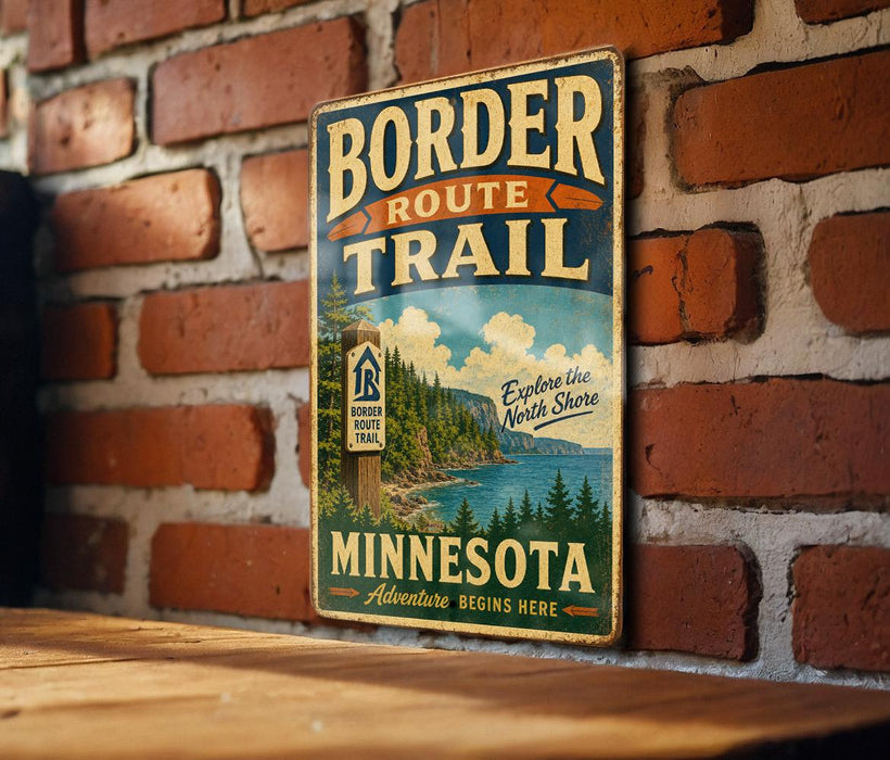 A vintage metal sign for the Border Route Trail in Minnesota, featuring a scenic image of a forest and a lake.