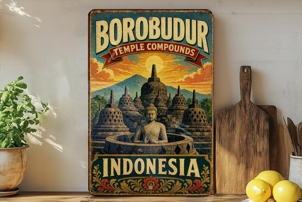 A vintage-style poster of Borobudur Temple compounds in Indonesia, featuring a Buddha statue in the foreground and a mountainous landscape in the background.