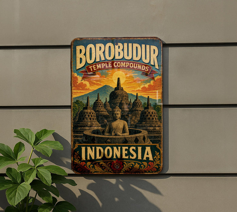 A vintage-style metal sign with the text "BOROBUDUR TEMPLE COMPOUNDS INDONESIA" and an illustration of a temple surrounded by mountains and a Buddha statue.