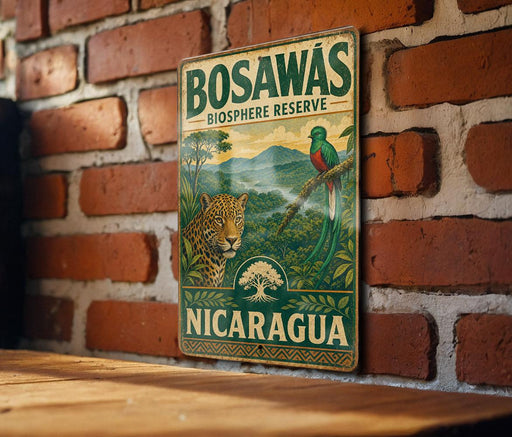 a vintage-style sign for the Bosawas Biosphere Reserve in Nicaragua, with a leopard and a bird on the sign.