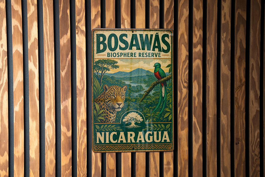 A vintage metal sign for Bosawas Biosphere Reserve in Nicaragua, featuring a jaguar and a bird in a lush, tropical landscape.