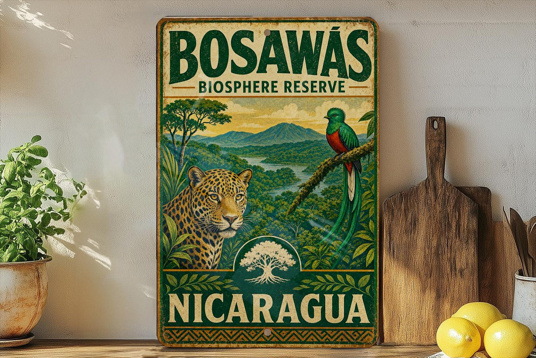 A vintage-style sign for the Bosawas Bioshe Reserve in Nicaragua, featuring a leopard and a bird in a lush, tropical landscape.