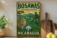 A vintage-style sign for the Bosawas Bioshe Reserve in Nicaragua, featuring a leopard and a bird in a lush, tropical landscape.