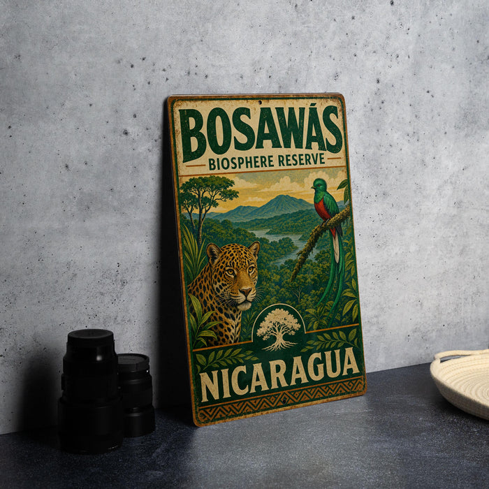 A vintage-style metal sign for Bosawas Biosphere Reserve in Nicaragua, featuring an illustration of a jaguar and a bird in a lush, tropical landscape.