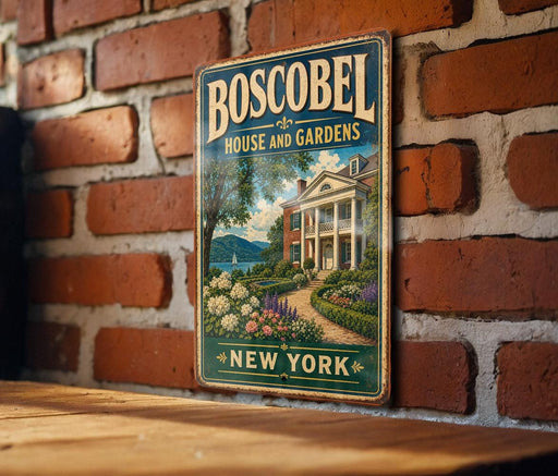 A vintage-style metal sign for Boscobel House and Gardens in New York, featuring a brick wall and a garden scene.