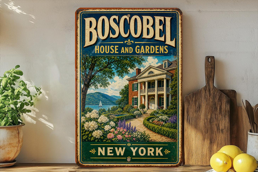 A vintage-style metal sign for Boscobel House and Gardens in New York, featuring a scenic landscape with a house, garden, and mountains in the background.