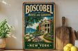 A vintage-style metal sign for Boscobel House and Gardens in New York, featuring a scenic landscape with a house, garden, and mountains in the background.