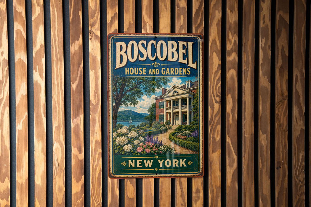 A vintage-style metal sign for Boscobel House and Gardens in New York, featuring a scenic illustration of a house surrounded by lush gardens and a lake.