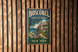 A vintage-style metal sign for Boscobel House and Gardens in New York, featuring a scenic illustration of a house surrounded by lush gardens and a lake.