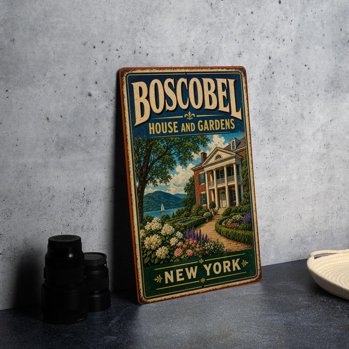 A vintage-style metal sign for Boscobel House and Gardens in New York, featuring a painting of a house surrounded by flowers and greenery.