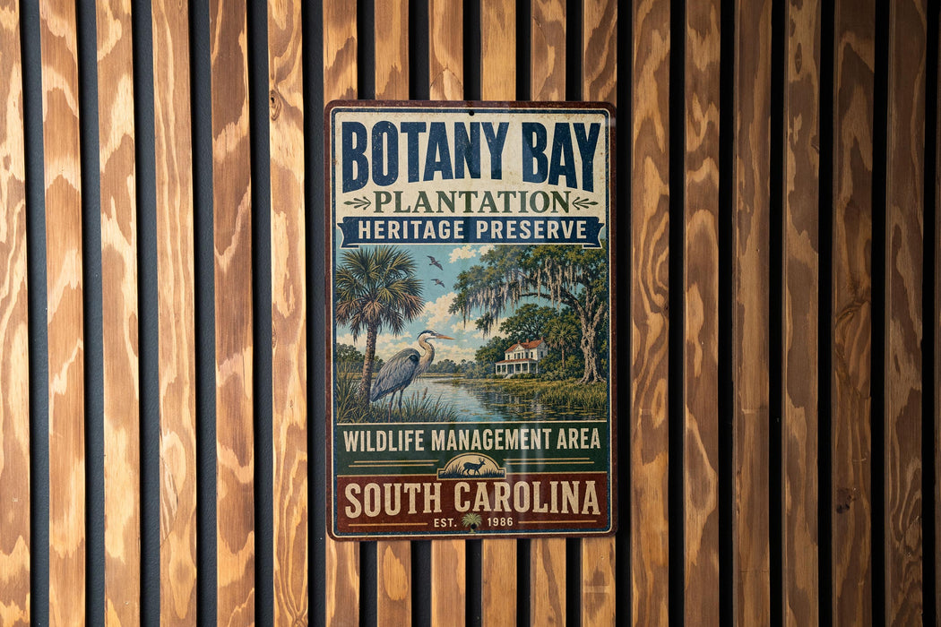 A vintage metal sign for Botany Bay Plantation Heritage Preserve, featuring a tropical landscape with palm trees and a bird, mounted on a wooden wall.