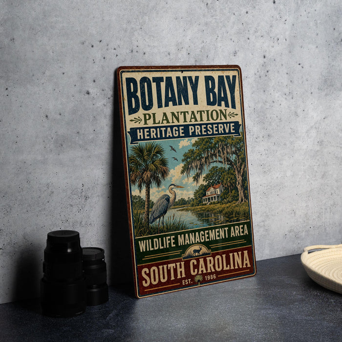 A vintage-style metal sign for Botany Bay Plantation Heritage Preserve, featuring a scenic illustration of a bird and palm trees, is displayed on a gray countertop.