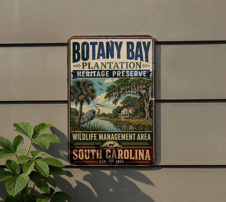 A vintage-style metal sign for Botany Bay Plantation Heritage Preserve, featuring a scenic illustration of a bird, palm trees, and a house along a river.