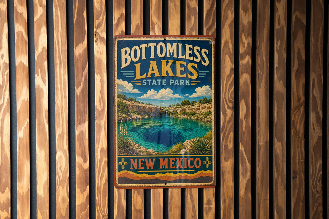 A vintage-style metal sign for Bottomless Lakes State Park in New Mexico, featuring a scenic landscape with a lake and mountains.