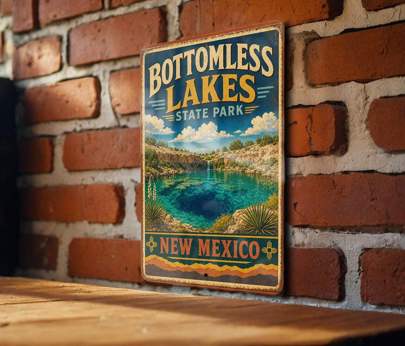 A vintage-style metal sign for Bottomless Lakes State Park in New Mexico, featuring a scenic landscape with a lake and mountains.